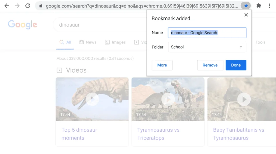 Chrome Browser window with open Bookmark dialogue box visible.