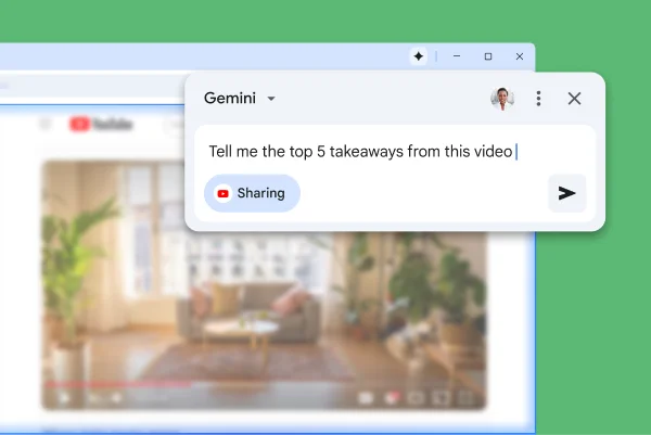 The Gemini in Chrome pop-up is on a YouTube page. The user asks Gemini in Chrome for the top 5 takeaways from the video.