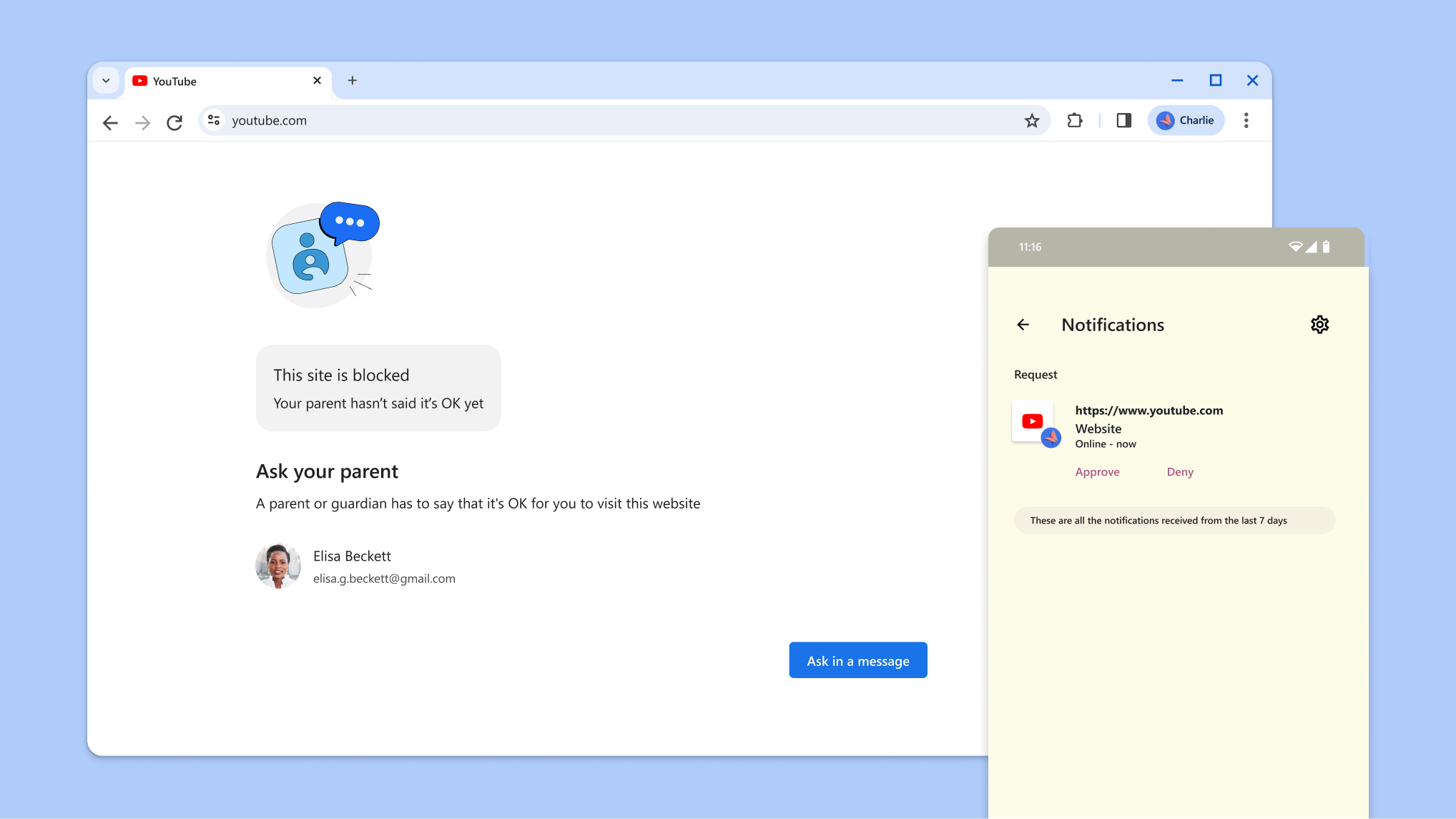 Website blocked by parental controls and a notification by Family Link to approve entry